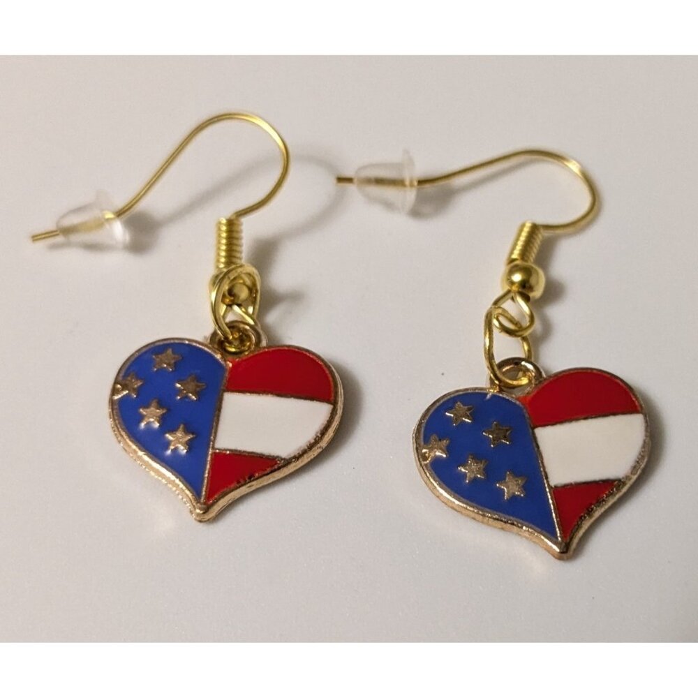 American Flag Heart Small Metal Dangle Earrings Gold-Tone USA Patriotic July 4th